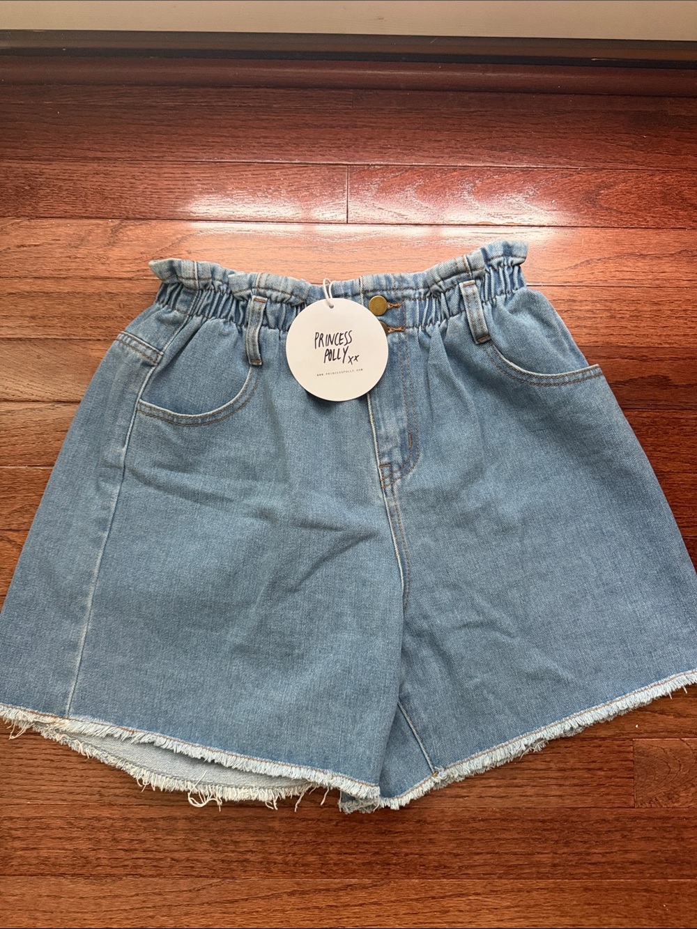 Princess Polly Light Blue Paperbag Waist Denim Shorts with Frayed Hem
